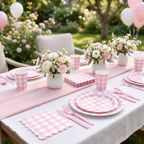 400 Pcs Pcs Pink Gingham Paper Plates and Napkins Set for 50, 9" Dinner Plates & 7" Dessert Plate, Baby Girl Shower Birthday Party - Image 3