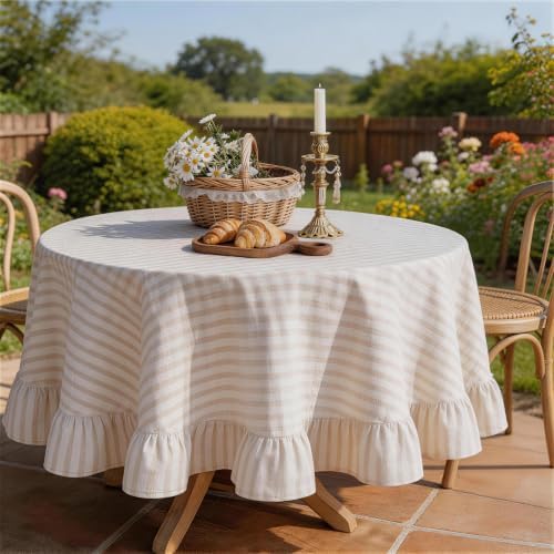 Beige White Striped Ruffle Tablecloth 70" Round Farmhouse Flounces Trim Table Cover for Seat 4-6 for Picnic Dining Kitchen Party Wedding Decor - Image 7