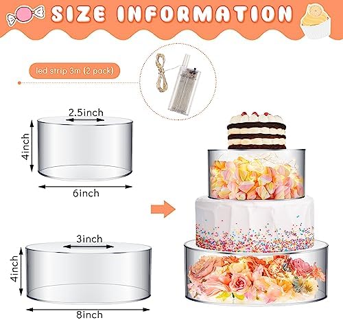Sunnyray 2 Pcs Acrylic Cake Stands for Dessert Table Clear Fillable Cake Riser Cupcake Tier with LED Strings for Birthday Wedding Holiday Party Display(6'', 8'') - Image 2