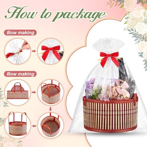 Weysat 6 Set Baskets for Gifts Empty Bulk, Large Woven Bamboo Gift Basket Kit with Handles, Bow, Wrap Bag to Fill for Raffle Thanksgiving Day Wedding Birthdays Party Wrapping (Red) - Image 3