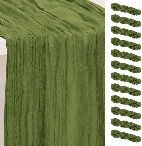 12 Pack Olive Green Cheesecloth Table Runner 35x120 Inch 10Ft Rustic Gauze Cheese Cloth Table Runner Sheer Cheesecloth Table Runners for Wedding Party Bridal Shower Decoration by SuBleer