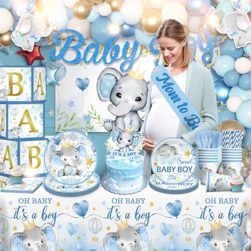 cocomigo 260PCS Elephant Baby Shower Decorations, All-in-1 Party Pack, Includes 20 Elephant Theme Tableware, Backdrop Tablecloth Balloon Kit for Baby Shower Decorations Boy - Image 6