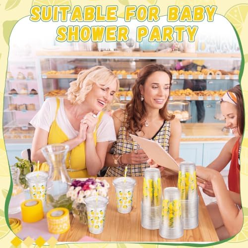 Funnymoom 50 Sets 20 oz Lemonade Plastic Cups with Lids and Paper Straws - Image 4
