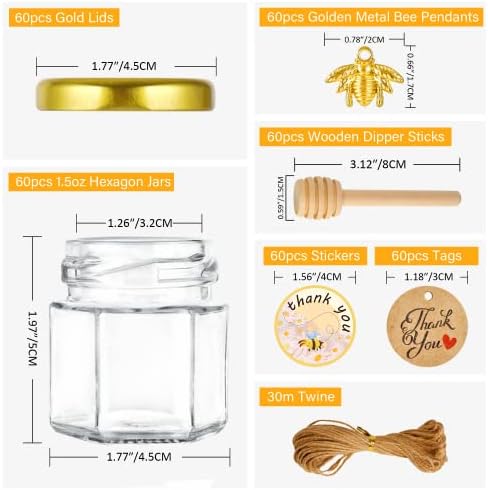 GIVAMEIHF Mini Glass Honey jars-1.5 oz,60pcs Hexagon Honey Jars with Wood Dipper,Stickers,Bee Pendants,Tags,Rope,Small Honey Jars with Lids,Perfect for Wedding Favors,Jams,Baby Shower,Party Favors - Image 2