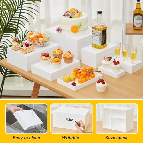 Leinuosen 7 Pcs Large Buffet Risers Set 6" to 12" Rectangle Acrylic Display Box Catering Dessert Table Riser Food Display Decorative Stand with Hollow Bottom for Catering Supplies(White) - Image 3