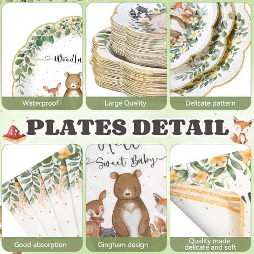 Funnymoom 400 Pcs Woodland Baby Shower Party Supplies for 50 Forest Animals Mountain Wilderness Plates Napkins Cups Spoons Forks Knives for Neutral Forest Animal Baby Shower(Green and Gold, Woodland) - Image 3
