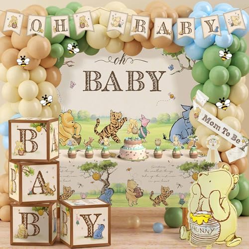 Classic Winnie Bear Baby Shower Decorations, Neutral All-In-One Pooh Baby Shower Balloon Arch Baby Boxes Backdrop Banner Tablecloth Cake Cupcake Topper Bee Stickers Mom To Be Sash Kit for Boys Girls by Lopeastar