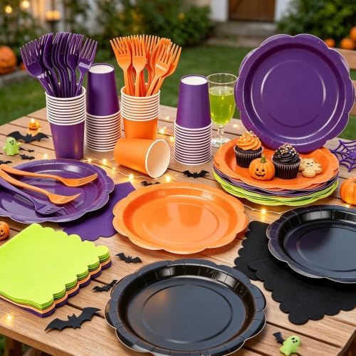 192Pcs Purple Balck Orange Plates and Napkins Party Supplies, Disposable 9’’ Scalloped Halloween Paper Plates Cups Napkins Forks Party Decorations for Birthday, Thanksgiving, Serves 483 - Image 5