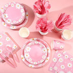 Ziliny 350 Pcs Daisy Party Supplies Tableware Set Disposable 9'' 7'' Paper Plates 9 oz Cups Cutlery Napkins Dinnerware Set for 1st Birthday, Serve 50 (Daisy Birthday, White, Pink) - Image 5