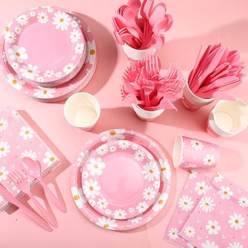 Ziliny 350 Pcs Daisy Party Supplies Tableware Set Disposable 9'' 7'' Paper Plates 9 oz Cups Cutlery Napkins Dinnerware Set for 1st Birthday, Serve 50 (Daisy Birthday, White, Pink) - Image 5