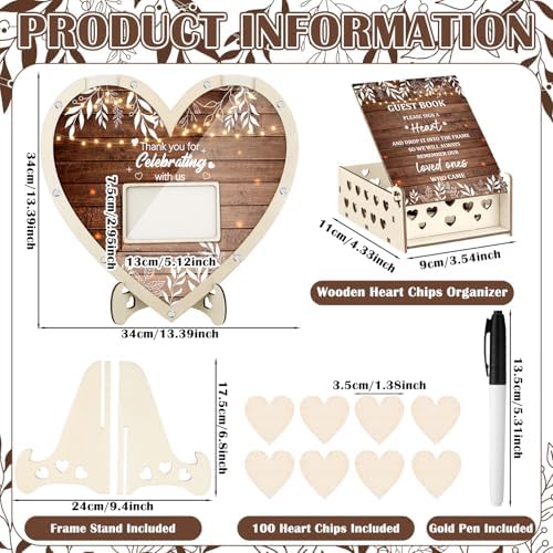 Chunful Hearts Guest Book Alternative with 100 Wooden Hearts Chips Box and Pen Brown Wooden Heart Picture Frame Rustic Guest Book Reception for Wedding Baby Shower Birthday Ceremony(Classic) - Image 2