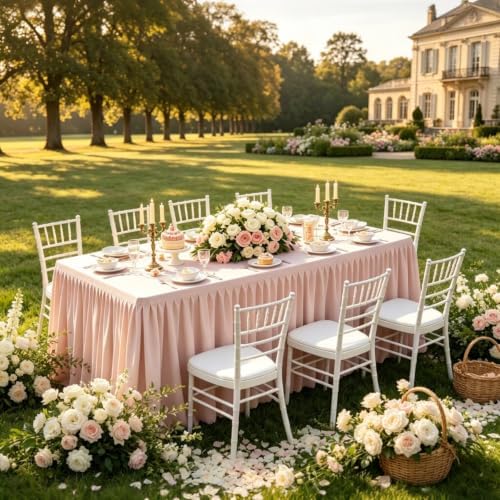 Pale Pink Tablecloth Rectangle Tables 4FT, Polyester Wrinkle Free Stretch Table Cloth 6ft Fitted Table Cover with Pleated Ruffle Skirt for Weddings Birthday Banquet Baby Shower - Image 5