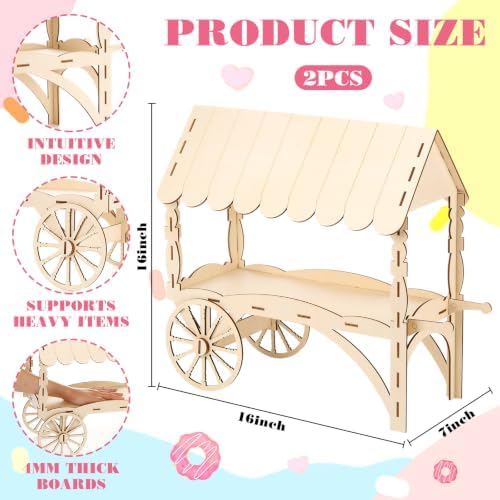 Wenqik 2 Pcs Dessert Table Display Mini Dessert Cart with Wheels for Parties Natural Wooden Candy Display Sweet Stall 16" Cupcake Stand Candy Cart for Weddings Baby Shower Birthday Party Centerpieces - Image 2