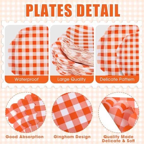 Funnymoom 400 Pcs Orange and White Gingham Party Supplies Dinnerware Set - Image 2