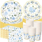 Funnymoom 250 Pcs Blue Gold Floral Paper Plates Napkins Cups Serves 50 by Funnymoom