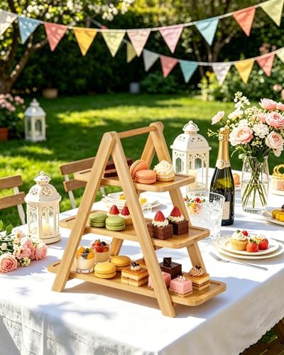 Jotsport Natural Bamboo 3-Tier Serving Tray Foldable Cupcake Stand - Image 7