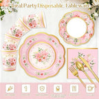 168PCS Flower Tea Party Supplies, Pink Vintage Floral Party Plates Set - Image 3
