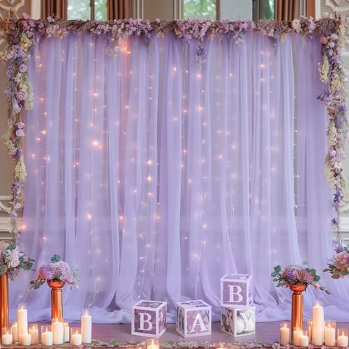 10x10ft Purple Backdrop Curtain with Lights String for Parites, Sheer Photo Backdrop Drapes Tulle Curtains for Wedding Baby Shower Birthday Party Photo Shoot Decorations by Partisky