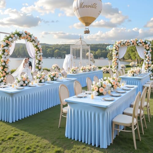 4 Pack Baby Blue Spandex Tablecloths for Rectangle Tables 8 Foot Blue Stretch Table Cloth Rectangle 8ft Elastic Fitted Table Cover with Skirt for Wedding Baby Shower Boy Birthday Party Banquet Buffet - Image 5