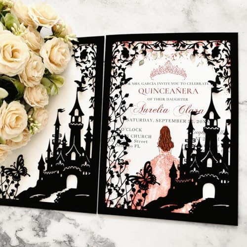 20PCS Castle Pocket Invitations, Quinceanera Invitations with Envelopes, Princess Invitation, Laser Cut quince invites (glitter black) - Image 4
