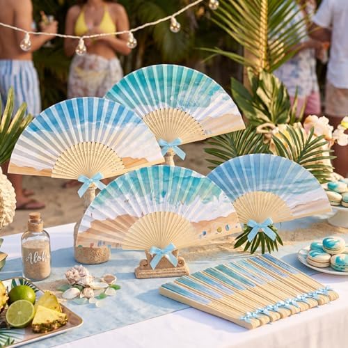 Roowest 36 Pcs Beach Folding Hand Fans Bulk Paper Bamboo Handheld Fan with Bows for Summer Beach Wedding Favors Bule Ocean Waves Fans for Bridal Baby Shower Birthday Party Luau Tropical Holiday Decor - Image 2