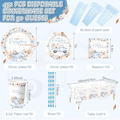 Potchen 452pcs Fall Little Pumpkin Baby Shower Decoration for 50, Baby Boy - Image 2
