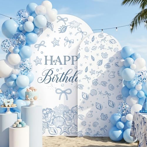 Serencatcher 7.2ft 6ft Blue Bow Seashell Birthday Arch Backdrop Covers 2pcs - Image 2