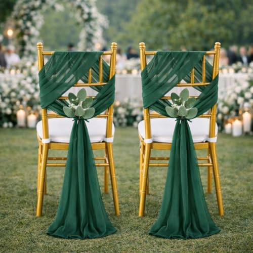 QueenDream Emerald Green Chair Sashes Wedding: 50 Pieces Long Sheer Wedding Aisle Chair Decorations Tulle Chairs Covers with Artificial Eucalyptus by QueenDream