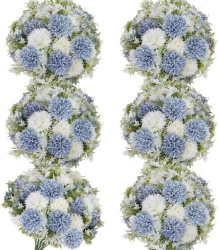 Dusty Blue White Artificial Flowers 6 Bundles Silk Floral with Stems by TOBILU