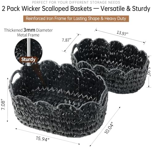 Coeusy Wicker Scalloped Basket Set of 2,Woven Storage Baskets for Shelves,Closet,Laundry,Gift,Towels,Books,Toys,Waterproof Decor Basket for Organizing,Black Oval - Image 4