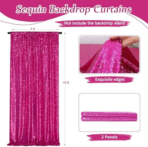 Hot Pink Sequin Backdrop Curtain Panels Stage 2 Pcs 5FTx10FT Wedding Party Background Drapes - Image 2
