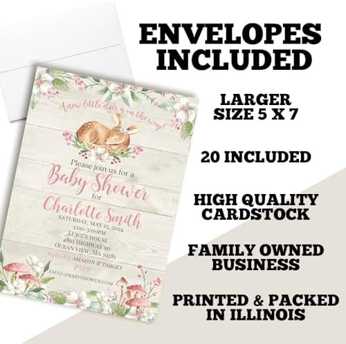 Amanda Creation Custom Baby Shower Invitations Girl, 20 Pack 5x7 Personalized Baby Girl Shower Invitations, Little Deer Woodland Design with 20 White Envelopes - Image 6