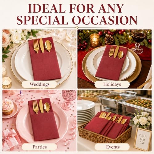 100Pcs Burgundy Napkins Disposable Linen Feel Dinner Paper Napkins with Built-in Flatware Pocket, 16in x 16in Airlaid Paper Pre-Folded Napkin for Silverware Baby Shower Easter Wedding Birthday Party - Image 3