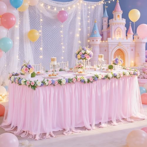 HB HBB MAGIC Baby Pink Table Cloths 8 Foot Rectangle Tulle Table Skirt Rectangle Tables 8ft Fitted Spandex Table Covers Stretch Elastic Banquet Birthday Party Baby Shower Wedding Table Cloths - Image 5