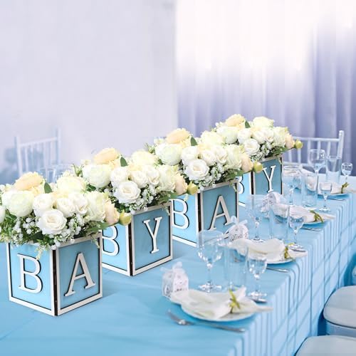 4 Set Baby Shower Centerpieces for Tables - 6 inch Wooden Boxes with Baby Letters Rustic Cube Planter Wood Blocks for Gender Reveal Party Favor (Blue) - Image 6