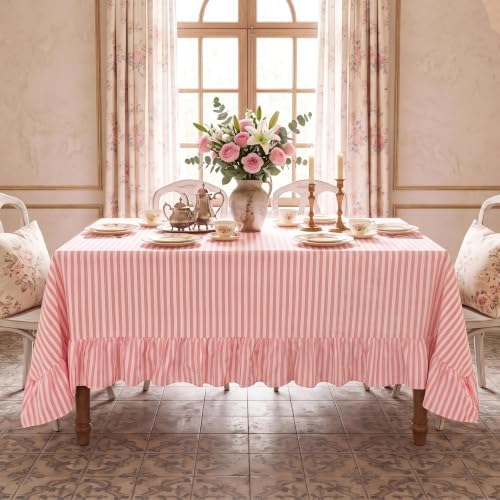 Eternal Beauty Striped Ruffled Tablecloth 52x70 Inch Pink White by EternalBeauty