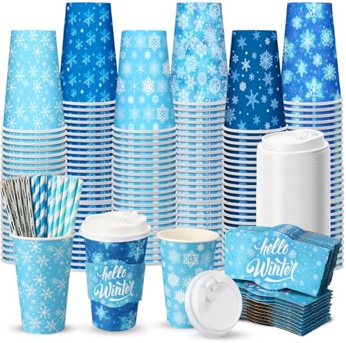 Jingmore 48 Sets 16oz Disposable Paper Coffee Cups with Lids Sleeves Straws Holiday Paper Drinking Cups Bulk for Hot Cold Beverages Home Business Cafe Birthday Party Supplies (Snowflake) by Jingmore