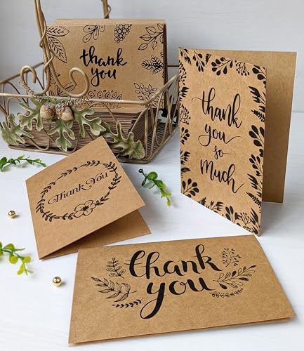 150 Thank You Cards with Matching Brown Kraft Envelopes and Stickers - Elegant 10 Designs Kraft Paper Bulk Blank Notes, Prefolded 4x6 Inch Blank - Image 4