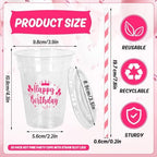 Whaline 50 Pcs 12 Oz Happy Birthday Disposable Plastic Cups with Lids and Straws Hot Pink Cold Beverage Drinking Cups for Home Kitchen Birthday Party Supplies - Image 2
