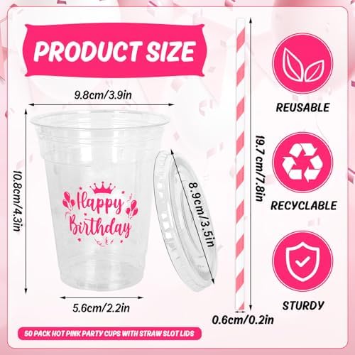 Whaline 50 Pcs 12 Oz Happy Birthday Disposable Plastic Cups with Lids and Straws Hot Pink Cold Beverage Drinking Cups for Home Kitchen Birthday Party Supplies - Image 2