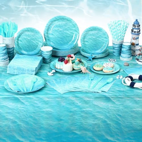Funnymoom 452 Pcs Ocean Sea Birthday Party Decorations Include Ocean Waves Paper Plates Napkins Cups Tablecloth Cutlery Straws Sea Theme Party Supplies for Birthday Baby Shower - Image 6