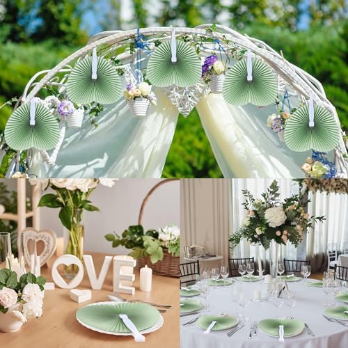Blulu 60 Pack Wedding Heart Folding Hand Fans Decor Bulk, Sage Green - Image 5
