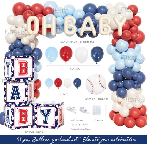 Baseball Baby Shower Decorations – 102 PCs A Little Slugger Is On The Way Backdrop, Balloon Garland Cake Topper Boxes Tablecloth Baseball Sash for Boy Baby Shower Party - Image 3