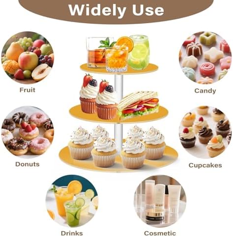 J JOYSAY Yellow Orange Print Acrylic Cupcake Stand 3 Tier Dessert Table Display Set Clear Cake Stands for Party Wedding Baby Shower Decorations Easy Assembly Macaron Tower - Image 5