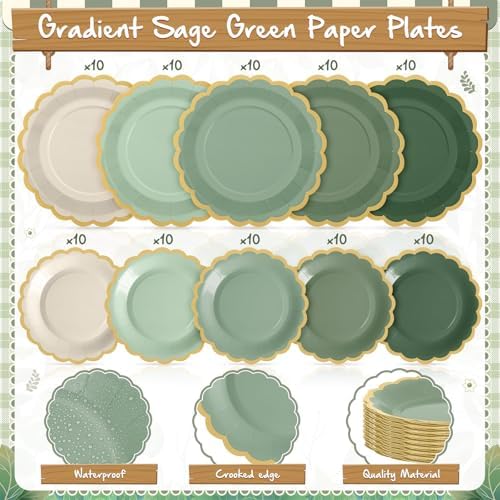 Zhehao 150 Pcs Sage Green Paper Plates Napkins Party Supplies Serves 50 - Image 3
