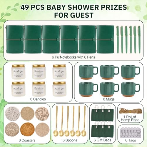 Baby Shower Prizes for Game Winners Baby Shower Games Prizes Ceramic Mugs with Metal Spoons Woven Coasters Notebooks Scented Candles Gift Bags Wedding Bridal Shower Favors for Guests (6, Green) - Image 4