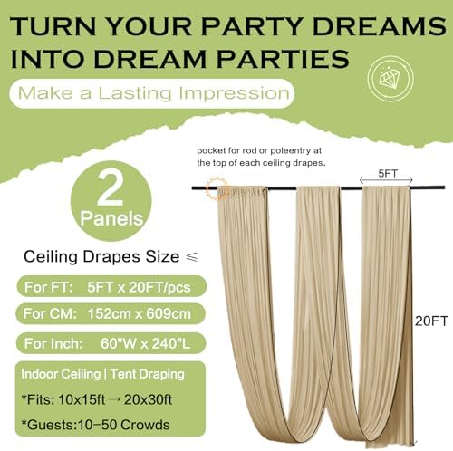 2 Panels 5ft(W) x 20ft(L) Soft Tan Ceiling Drapes for Wedding Parties - Image 6