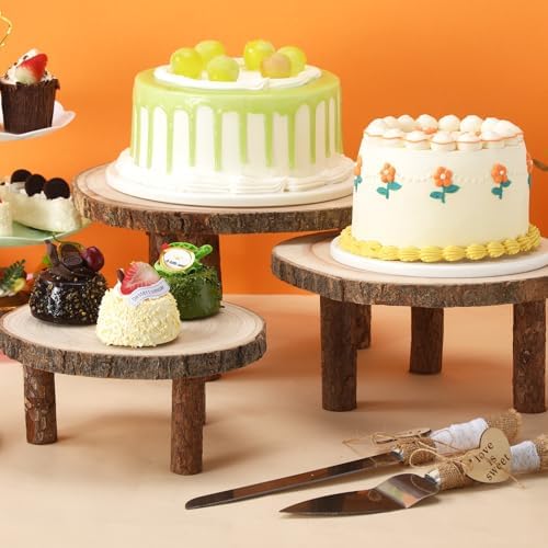 Jetec 11 Pcs Wood Cake Stand Rectangular Round Rustic Wedding Cake Holder Tray with Wooden Slice Toppers and Cutter for Wedding Reception Party Event - Image 7