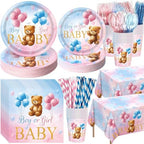 Funnymoom 452 Pcs Bear Themed Gender Reveal Party Decorations for 50, Boy or Girl Gender Reveal Paper Plates Napkins Cups Tablecloth Cutlery Straws for Pink Blue Baby Shower Party Supplies by Funnymoom