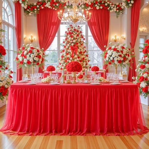 Suppromo 2 Pack 8ft Red Tulle Tablecloths for Rectangle Tables, 8 Foot Red Rectangular Table Cloth Wrinkle Free Tablecover with Tutu Skirt for Baby Shower Wedding Birthday Party Banquet Buffet Cake - Image 2